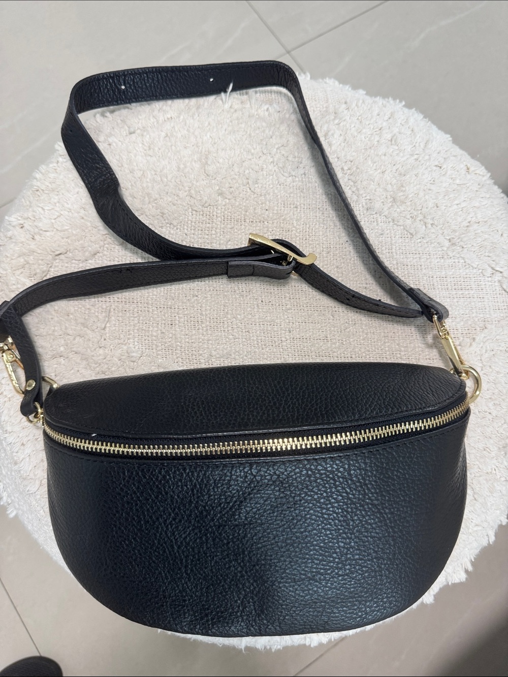 Black Leather Crossbody Belt Bag with Gold Hardware